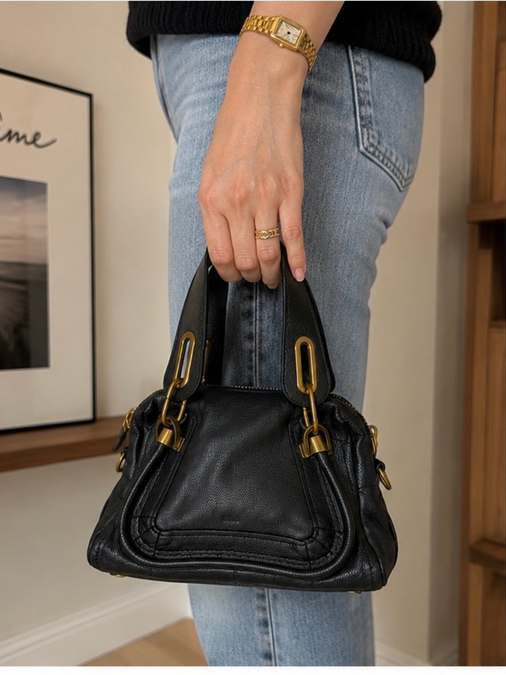 Chloé Paraty Mini Handbag Black Pebbled Leather Gold Hardware Authentic